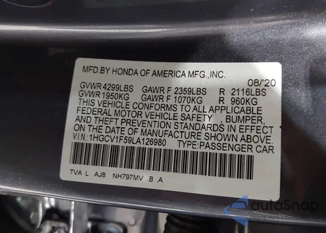 2020 Honda Accord Ex-L из США, поврежденный, VIN 1HGCV1F59LA126980